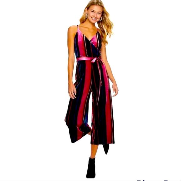 Speechless Pants - Speechless Velvet Velour Striped Belted Romper Small